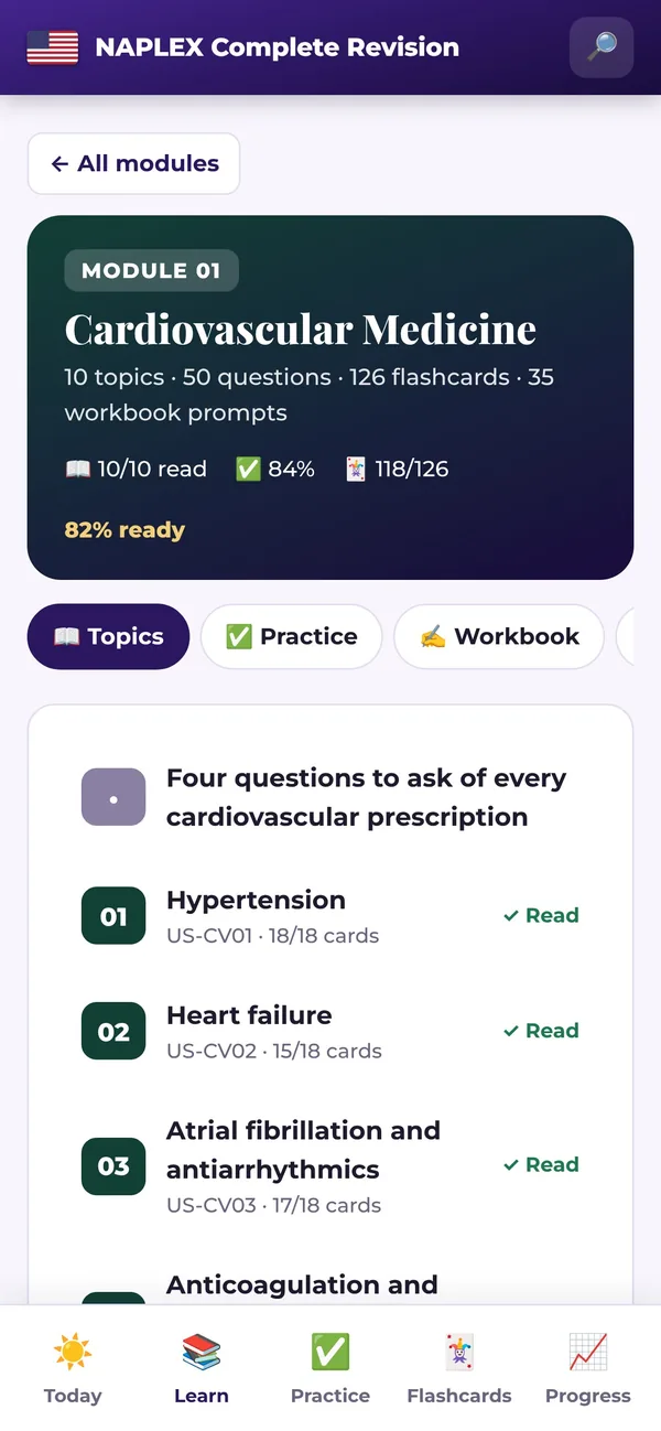 The Cardiovascular Medicine module in the app with its topics