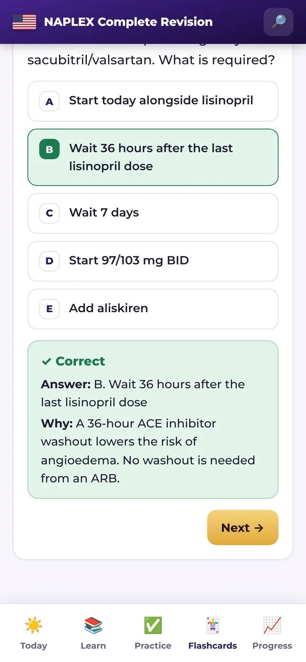 A practice question in the app with the answer and the reason shown