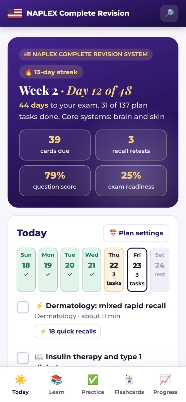 The app's Today screen on a phone: week 2, day 12 of 48, with tasks due