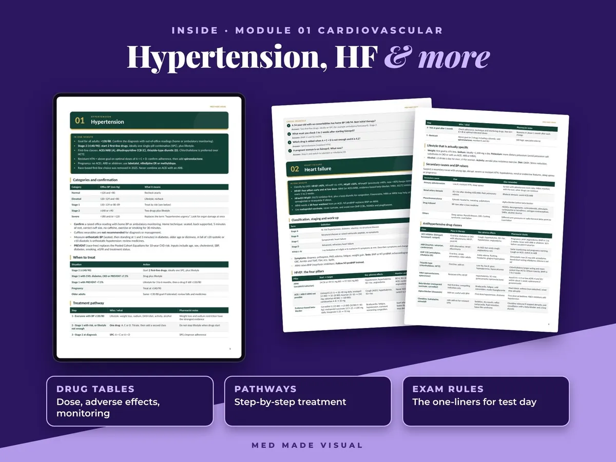 Full hypertension page from the Cardiovascular module with heart failure pages beside it